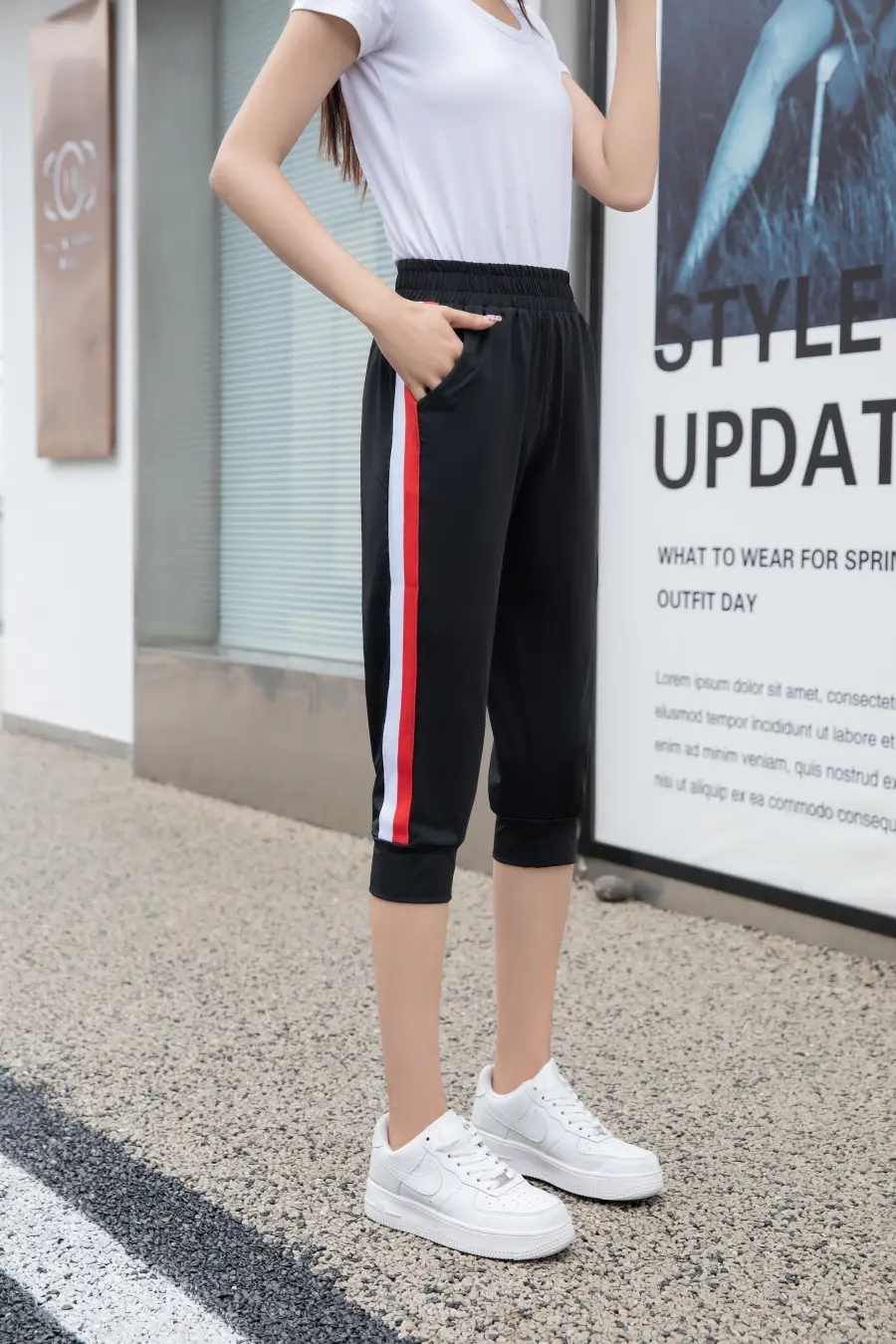 Women Black Striped Cropped Pants High Waist Stretch — feature 13