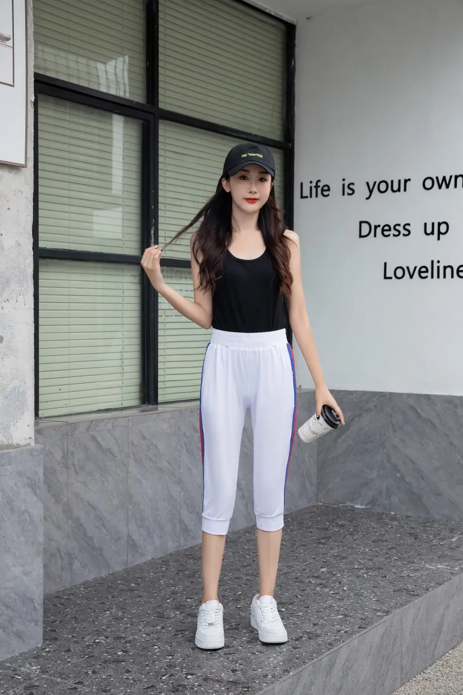 Women Black Striped Cropped Pants High Waist Stretch — feature 14
