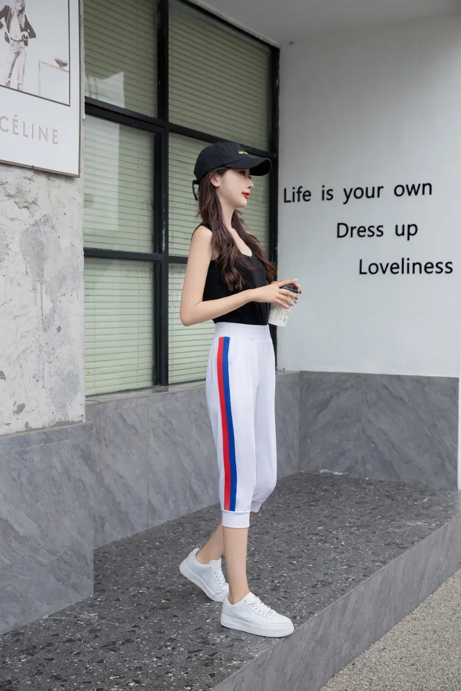 Women Black Striped Cropped Pants High Waist Stretch — feature 15