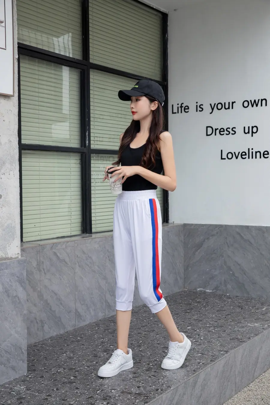 Women Black Striped Cropped Pants High Waist Stretch — feature 16