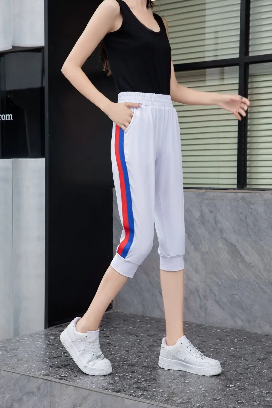 Women Black Striped Cropped Pants High Waist Stretch — feature 17