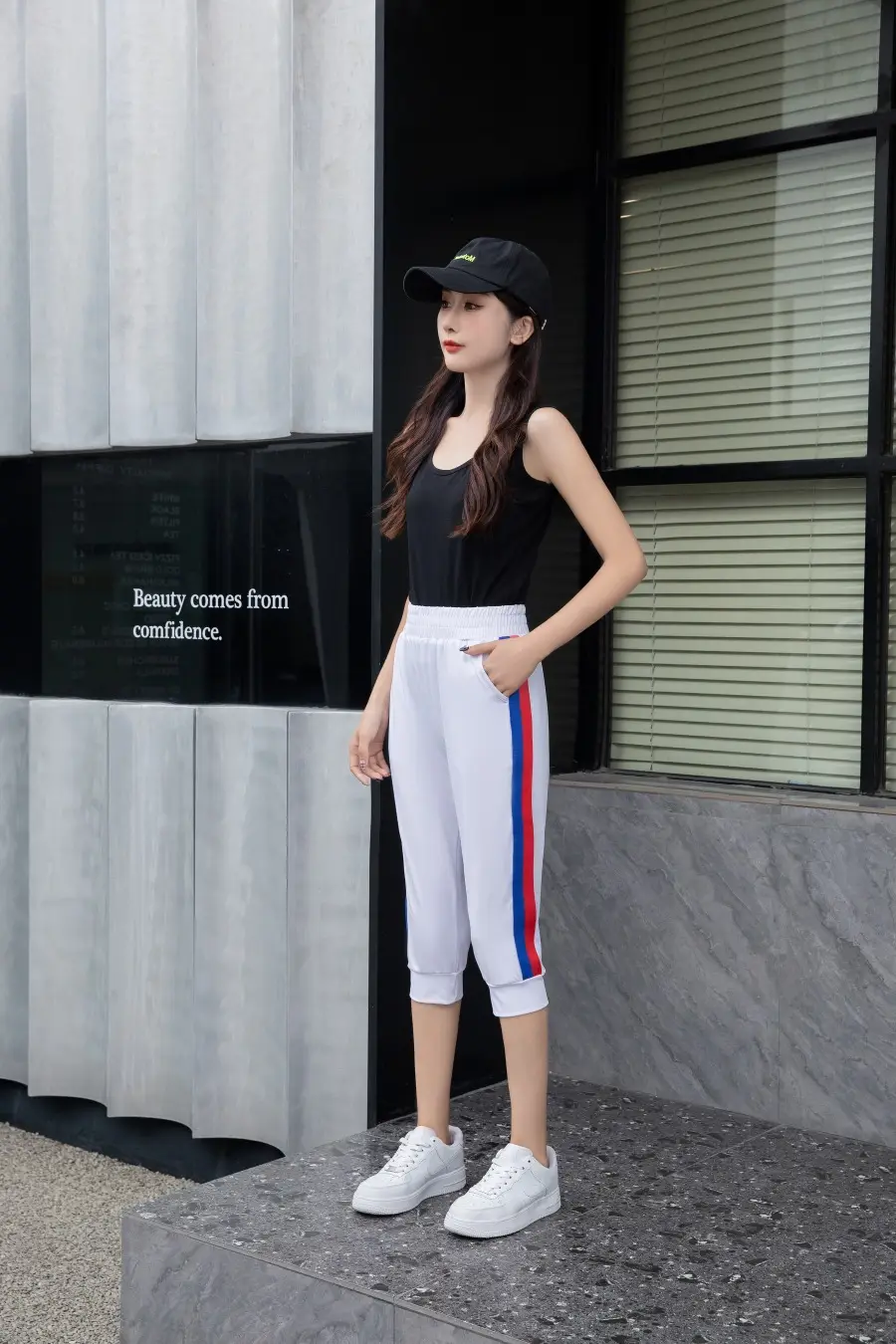 Women Black Striped Cropped Pants High Waist Stretch — feature 18