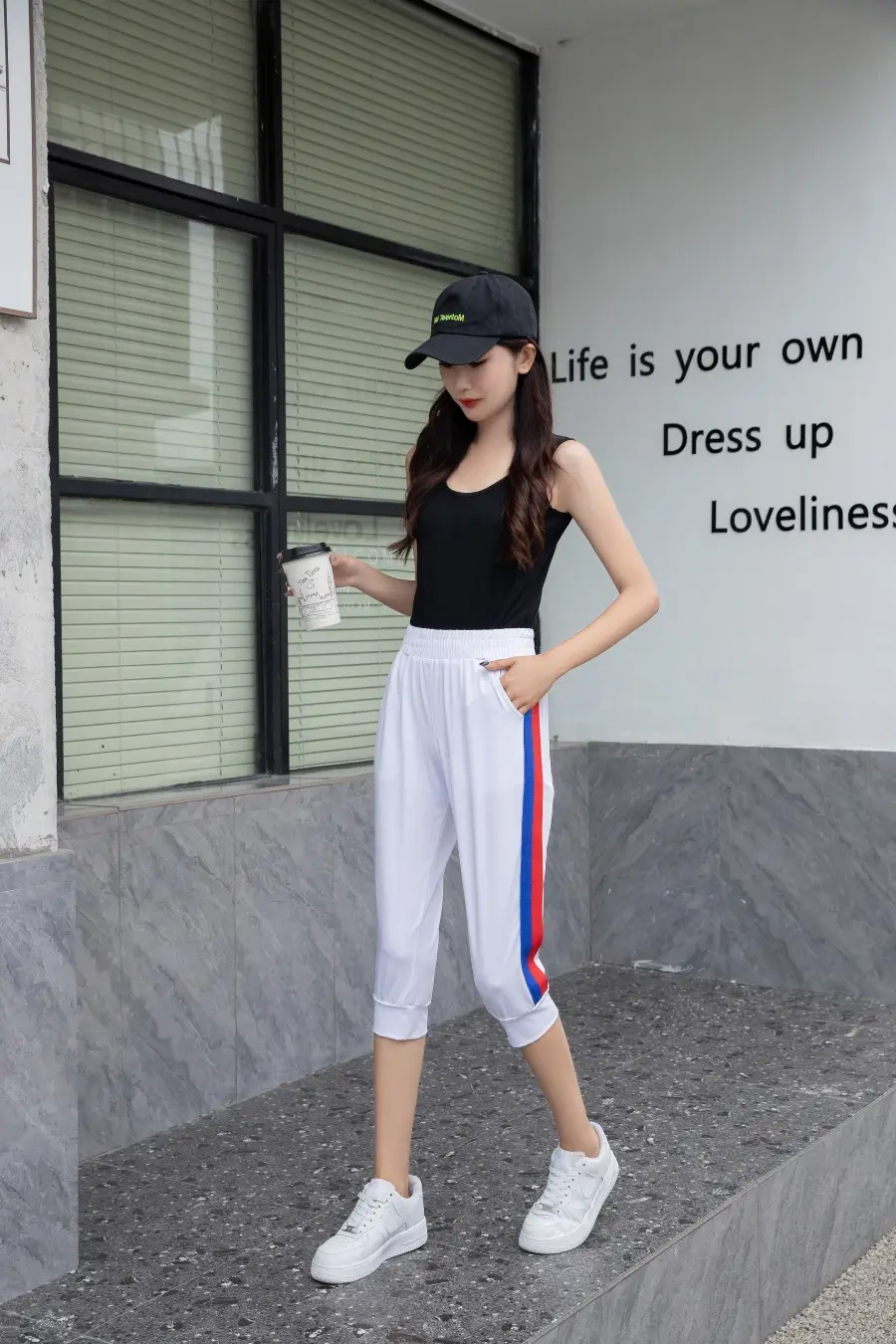 Women Black Striped Cropped Pants High Waist Stretch — feature 2