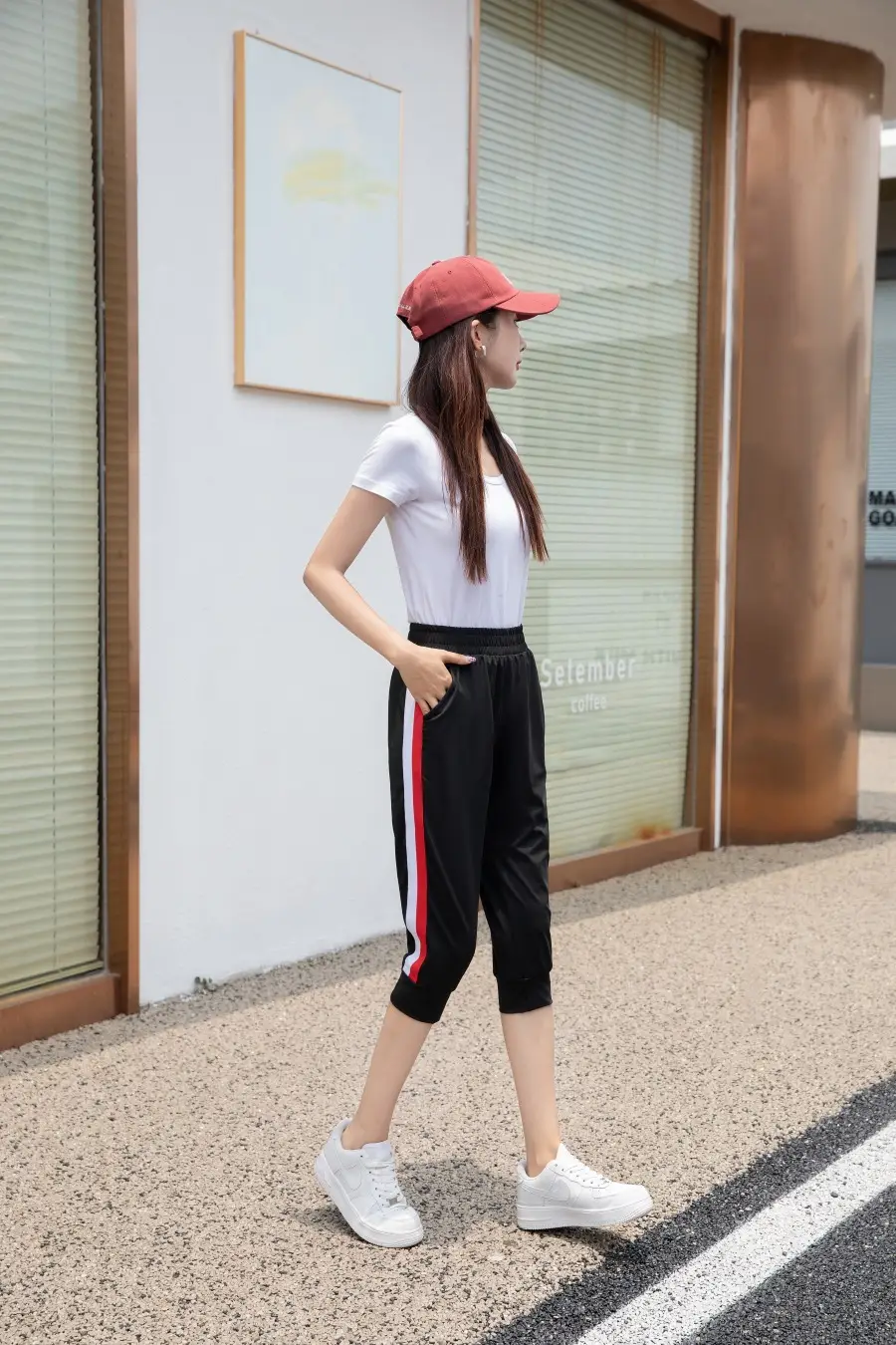 Women Black Striped Cropped Pants High Waist Stretch — feature 6
