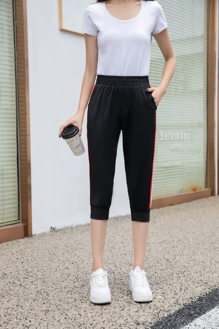 Women Black Striped Cropped Pants High Waist Stretch — feature 8
