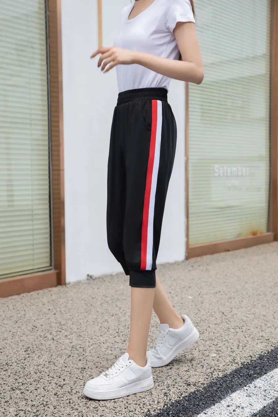 Women Black Striped Cropped Pants High Waist Stretch — feature 9