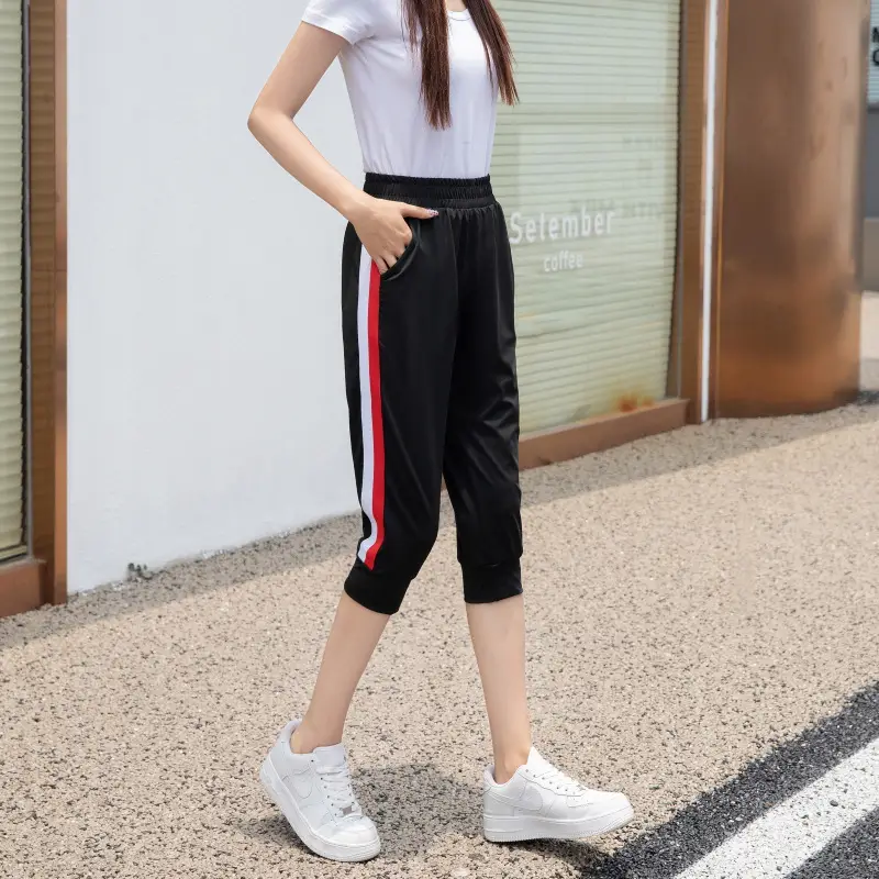 Women Black Striped Cropped Pants High Waist Stretch - Image 2