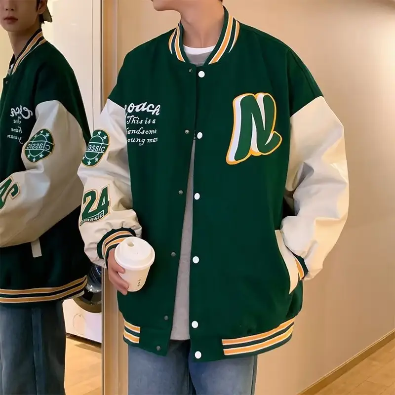 Men's Black & White Spliced Baseball Jacket American Retro Style - Image 5