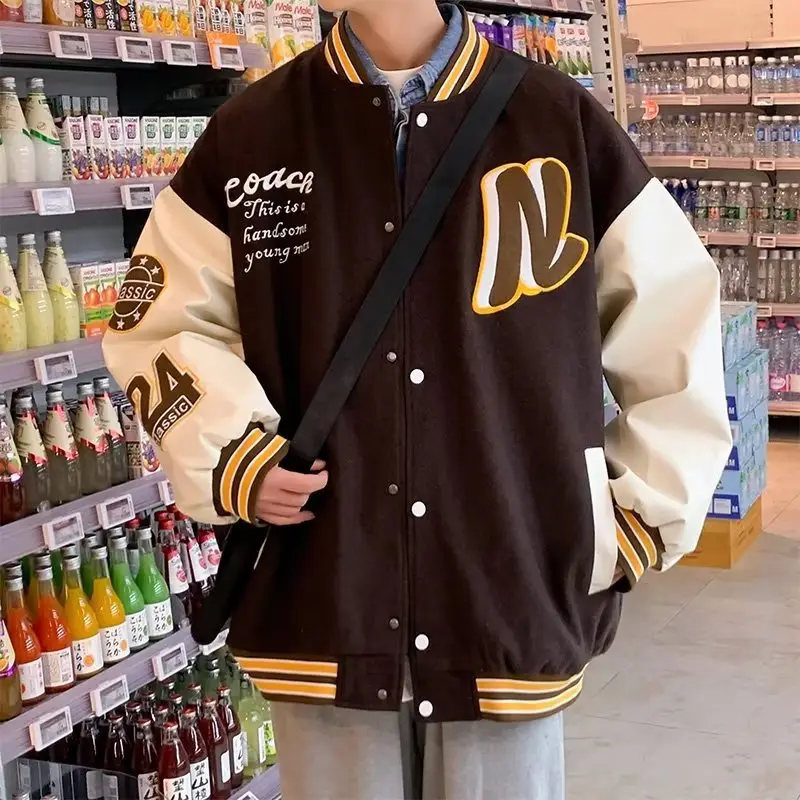 Men's Black & White Spliced Baseball Jacket American Retro Style - Image 6