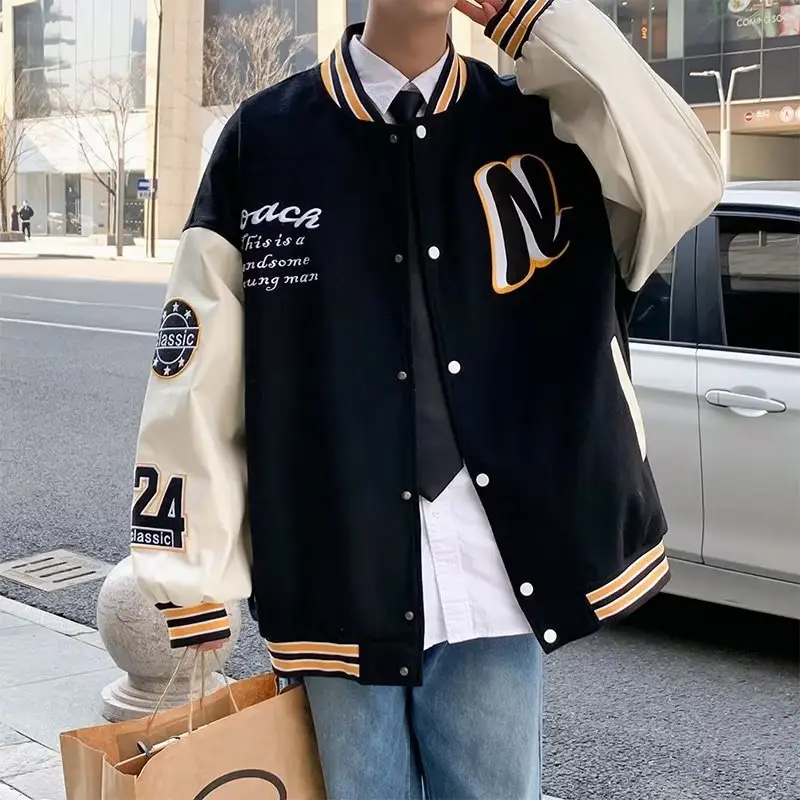 Men's Black & White Spliced Baseball Jacket American Retro Style - Image 7