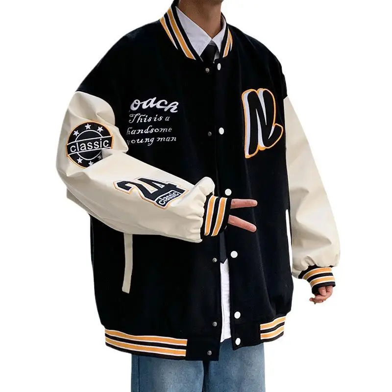 Men's Black & White Spliced Baseball Jacket American Retro Style - Image 8