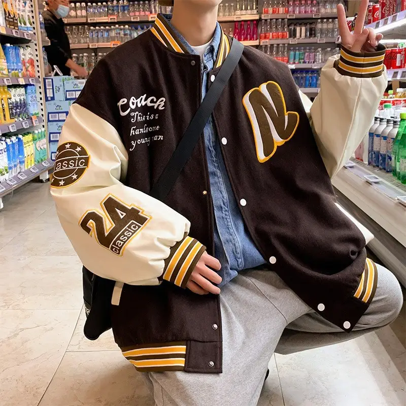 Men's Black & White Spliced Baseball Jacket American Retro Style - Image 3