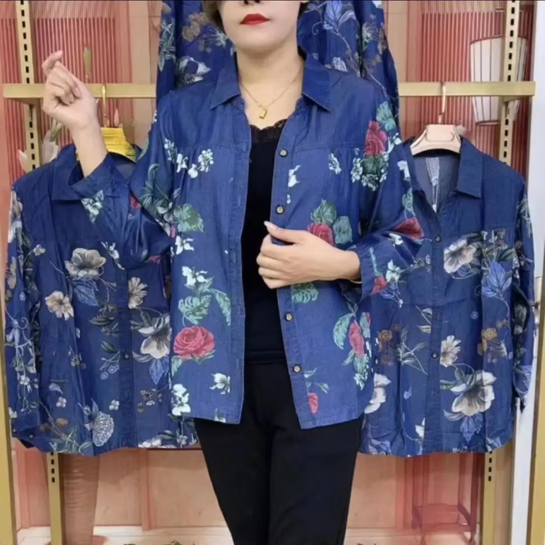 Middle-Aged Ice Silk Printed Shirt Women 2023 V Neck Large - Image 5