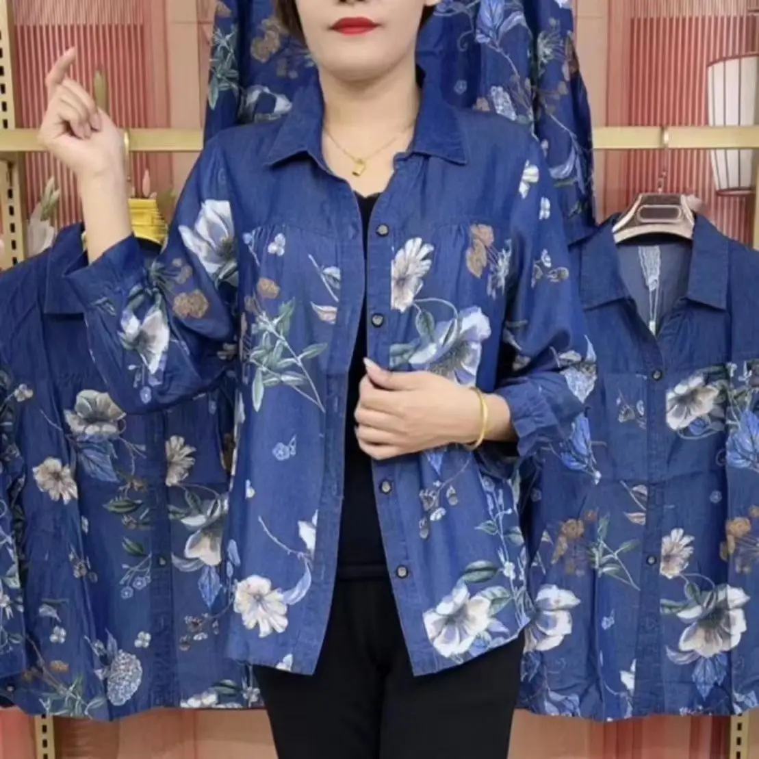 Middle-Aged Ice Silk Printed Shirt Women 2023 V Neck Large - Image 6