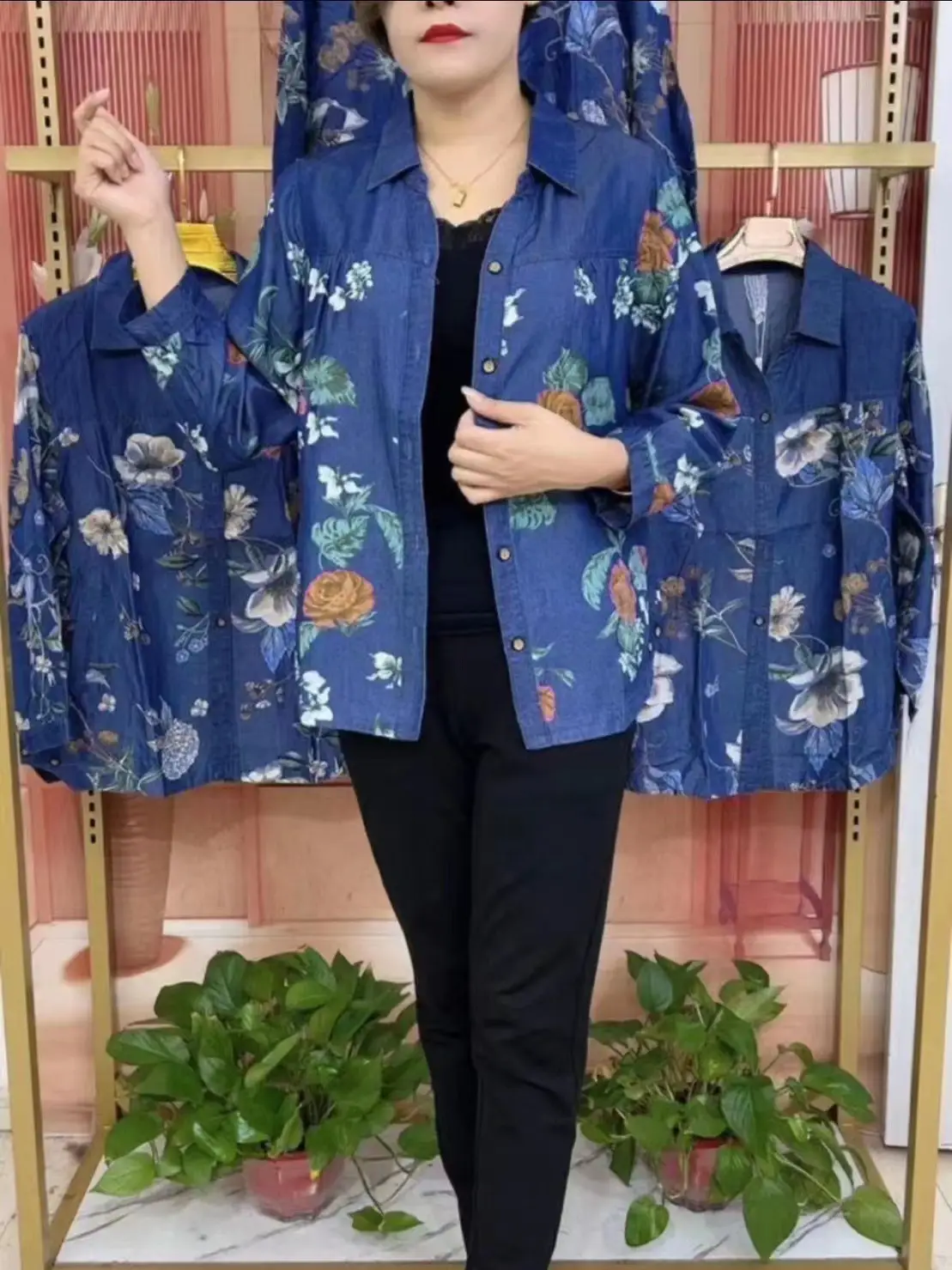 Middle-Aged Ice Silk Printed Shirt Women 2023 V Neck Large - Image 3