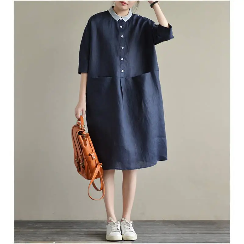 2025 Cotton Linen Plus Size Dress Navy Blue - Image 2