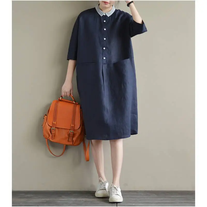 2025 Cotton Linen Plus Size Dress Navy Blue - Image 3