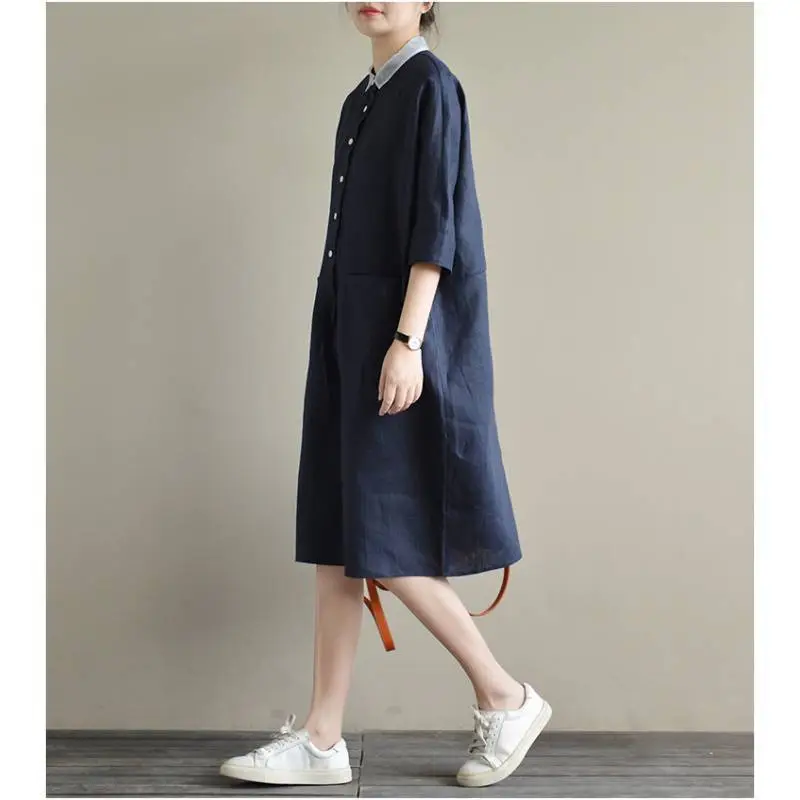2025 Cotton Linen Plus Size Dress Navy Blue - Image 4