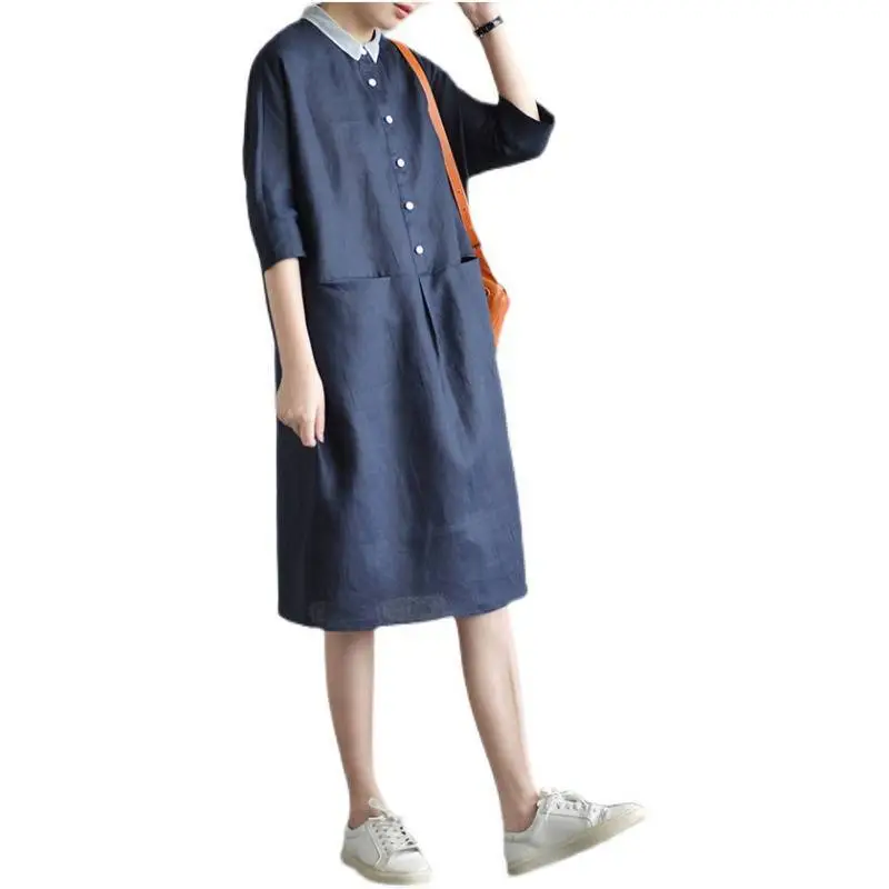 2025 Cotton Linen Plus Size Dress Navy Blue - Image 5