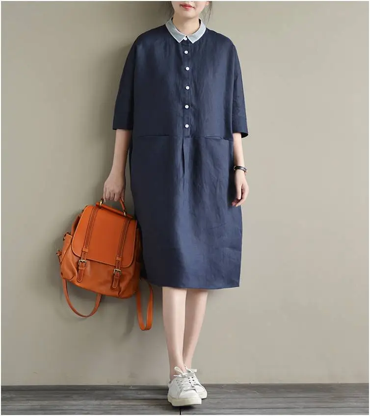 2025 Cotton Linen Plus Size Dress Navy Blue — feature 10