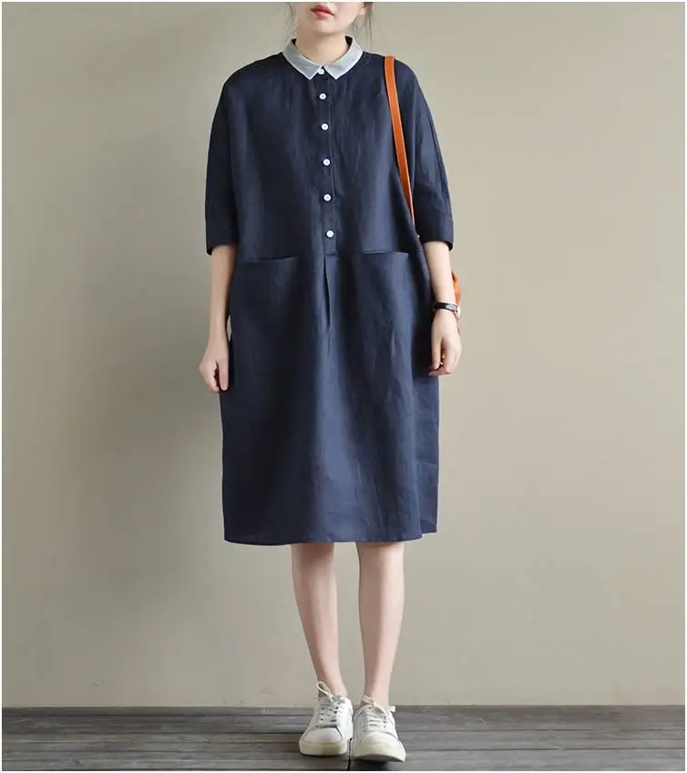 2025 Cotton Linen Plus Size Dress Navy Blue — feature 11