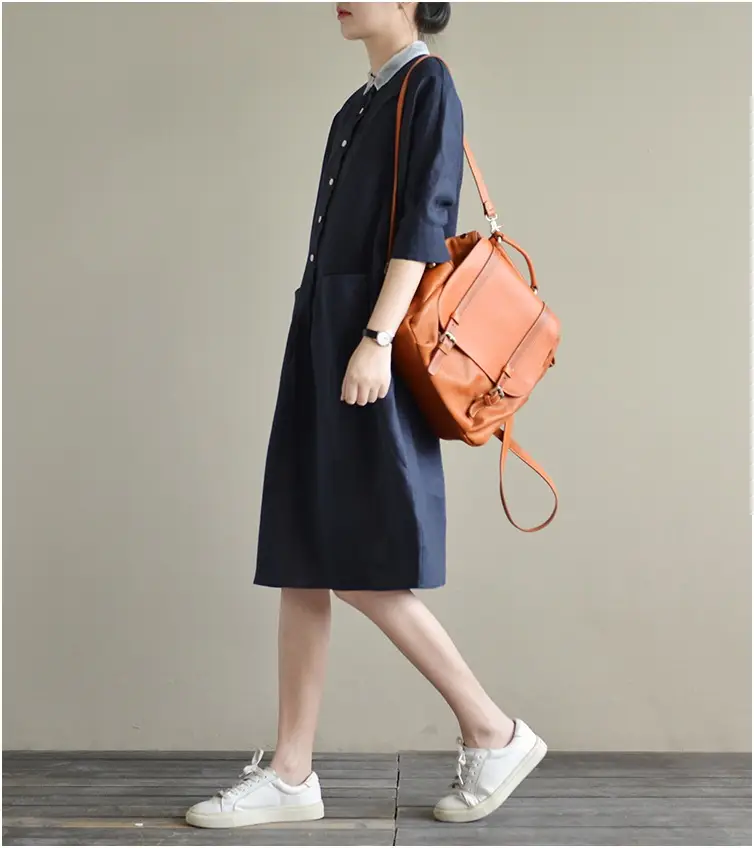 2025 Cotton Linen Plus Size Dress Navy Blue — feature 12