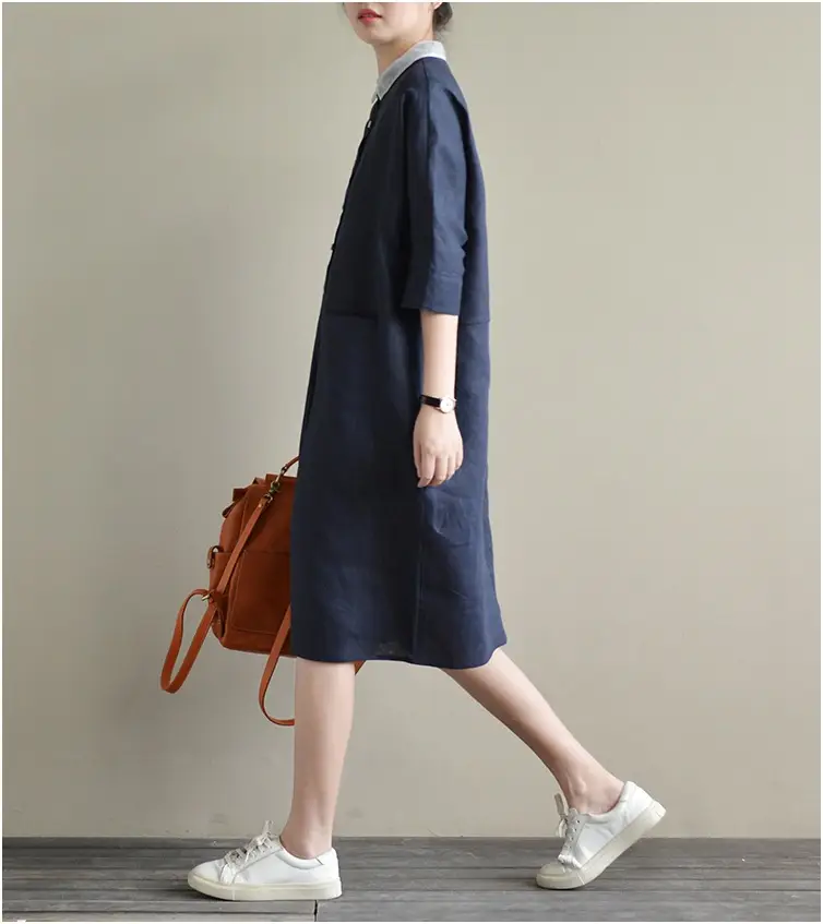 2025 Cotton Linen Plus Size Dress Navy Blue — feature 14