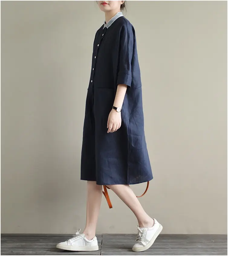 2025 Cotton Linen Plus Size Dress Navy Blue — feature 15
