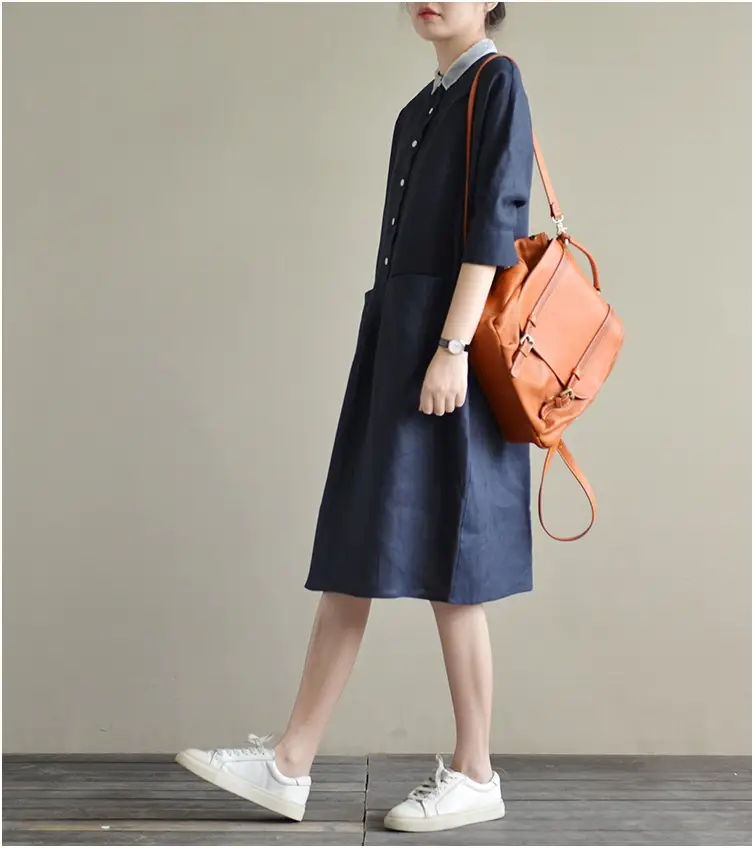 2025 Cotton Linen Plus Size Dress Navy Blue — feature 16