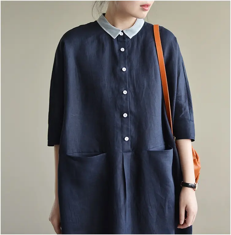 2025 Cotton Linen Plus Size Dress Navy Blue — feature 17