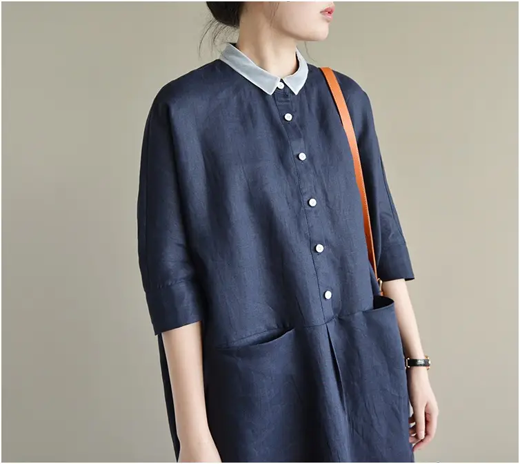 2025 Cotton Linen Plus Size Dress Navy Blue — feature 18