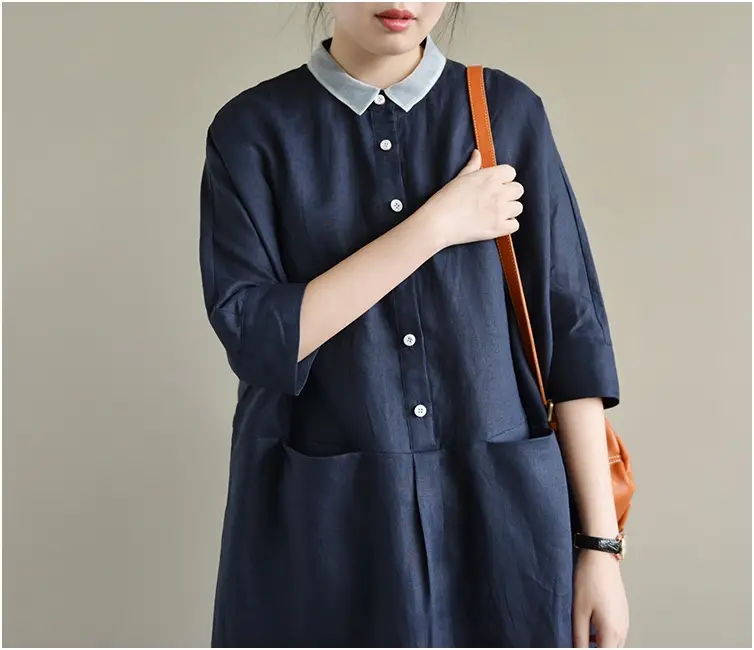 2025 Cotton Linen Plus Size Dress Navy Blue — feature 19