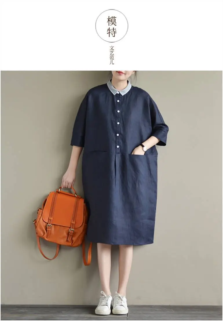 2025 Cotton Linen Plus Size Dress Navy Blue — feature 3