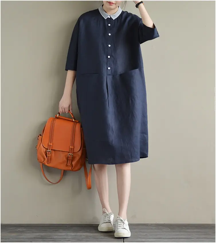 2025 Cotton Linen Plus Size Dress Navy Blue — feature 4
