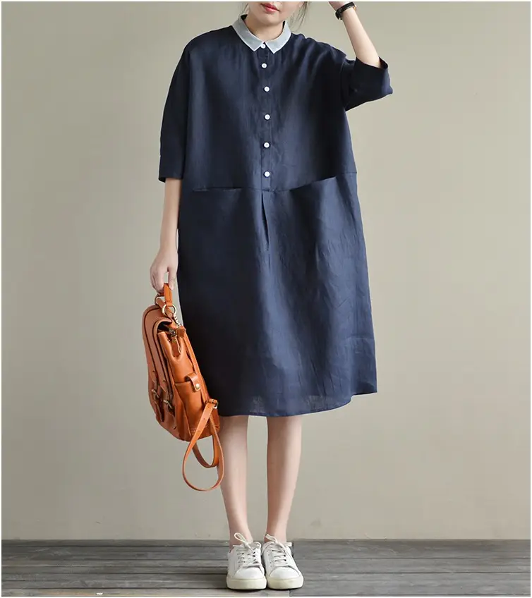 2025 Cotton Linen Plus Size Dress Navy Blue — feature 5