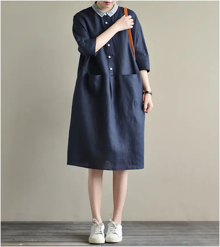 2025 Cotton Linen Plus Size Dress Navy Blue — feature 6