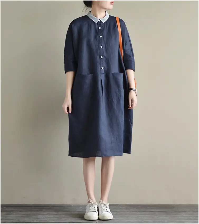 2025 Cotton Linen Plus Size Dress Navy Blue — feature 7