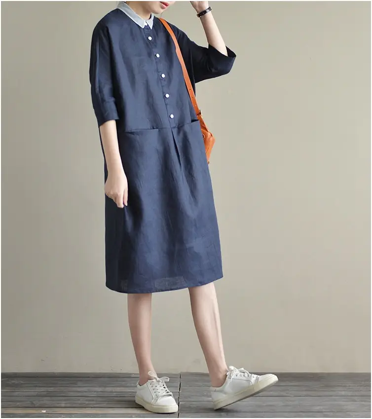 2025 Cotton Linen Plus Size Dress Navy Blue — feature 8