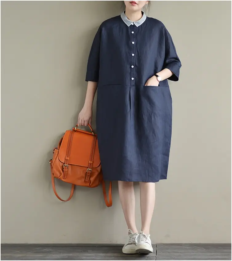2025 Cotton Linen Plus Size Dress Navy Blue — feature 9