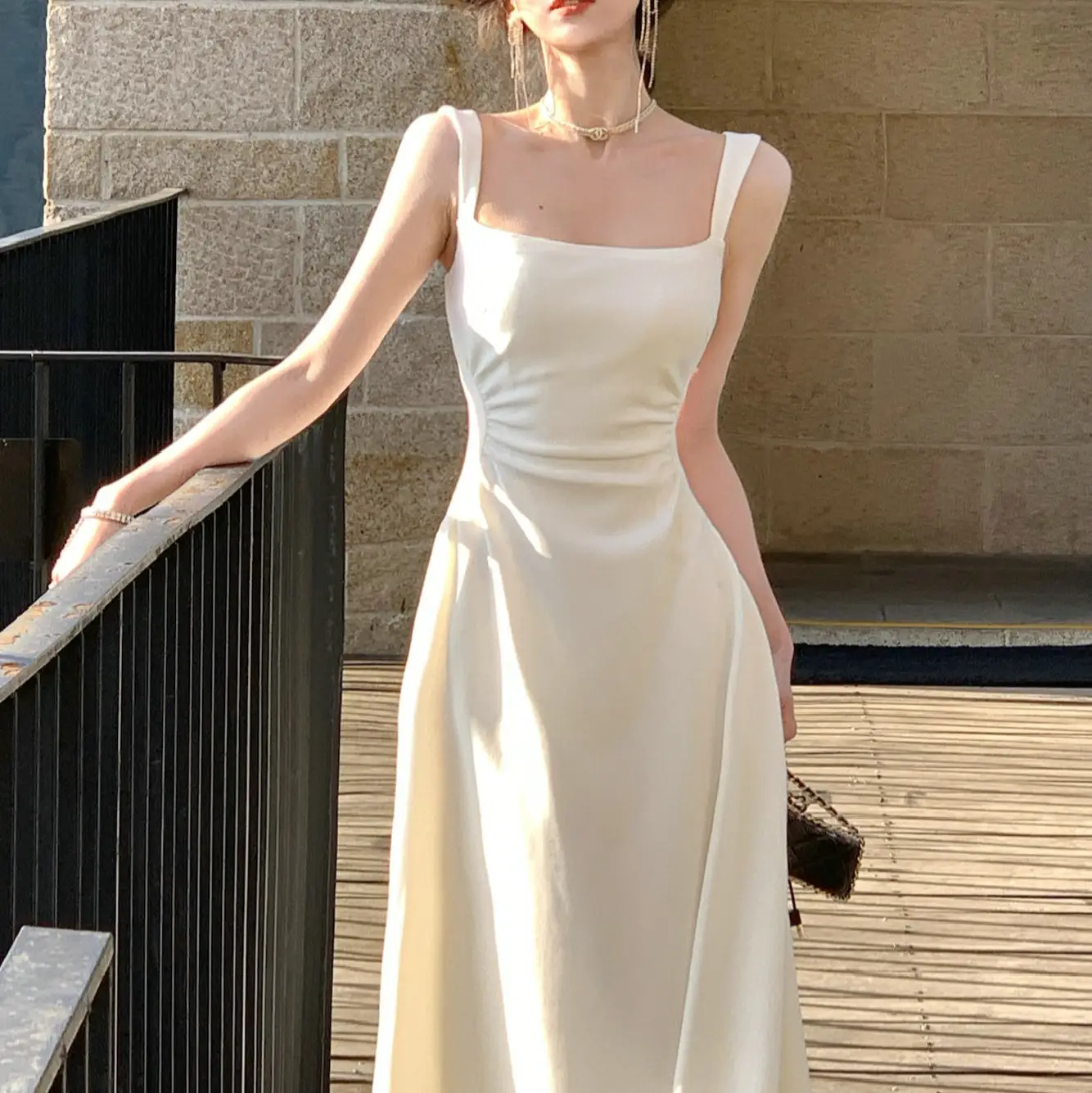 Black French Style Long Dress Women Spring Summer Elegant Strap Waist - Image 3
