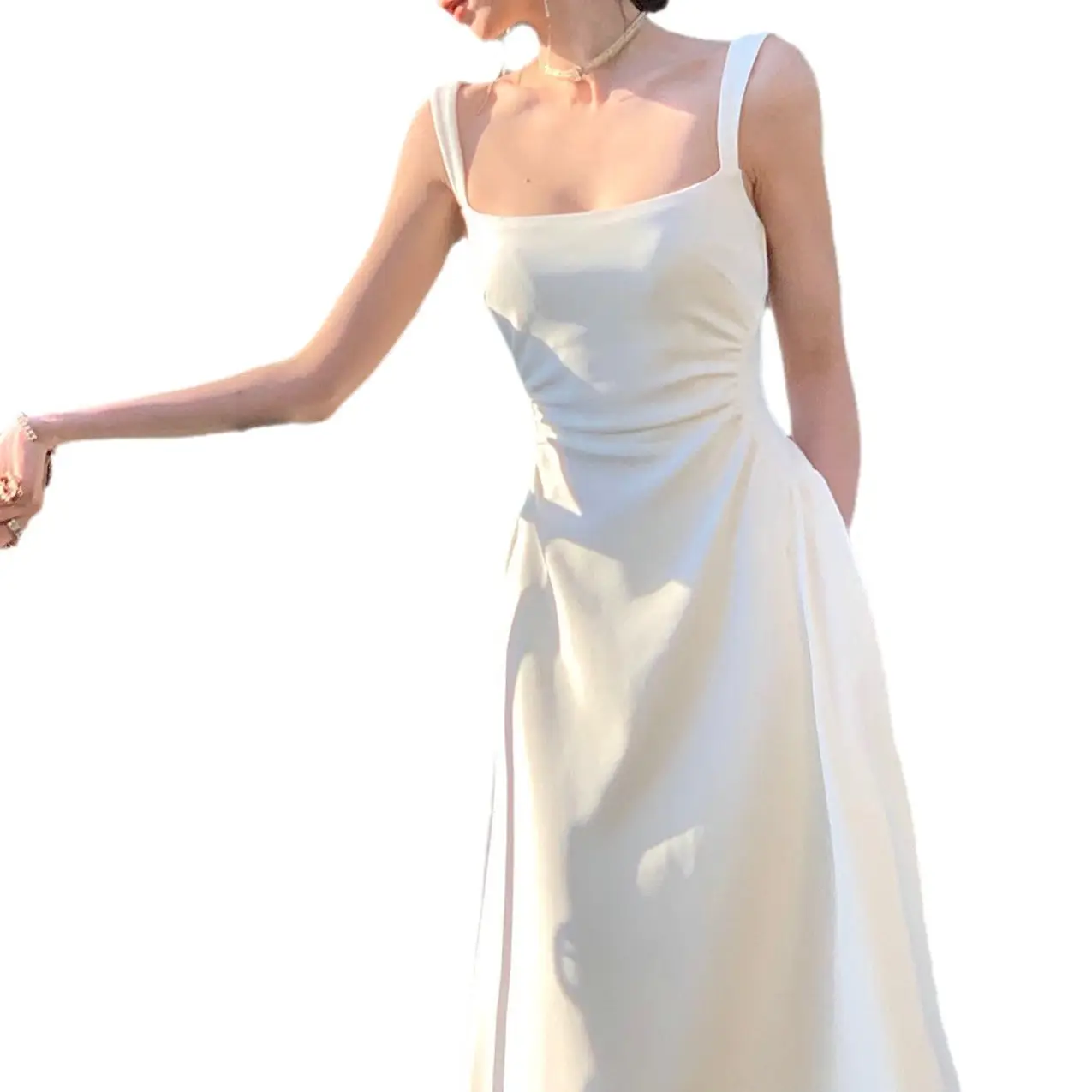 Black French Style Long Dress Women Spring Summer Elegant Strap Waist - Image 6
