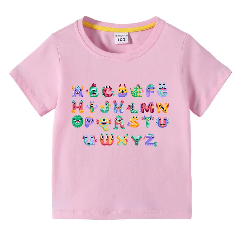 Kids Colorful Alphabet T-Shirt Navy Blue Short Sleeve Cotton - Image 2