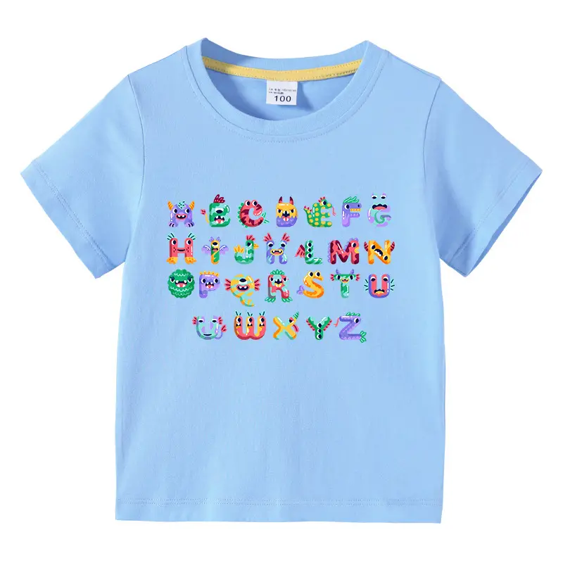 Kids Colorful Alphabet T-Shirt Navy Blue Short Sleeve Cotton - Image 9