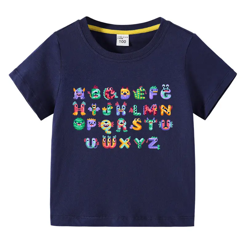 Kids Colorful Alphabet T-Shirt Navy Blue Short Sleeve Cotton - Image 12