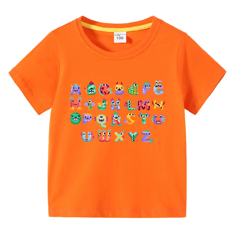 Kids Colorful Alphabet T-Shirt Navy Blue Short Sleeve Cotton - Image 14