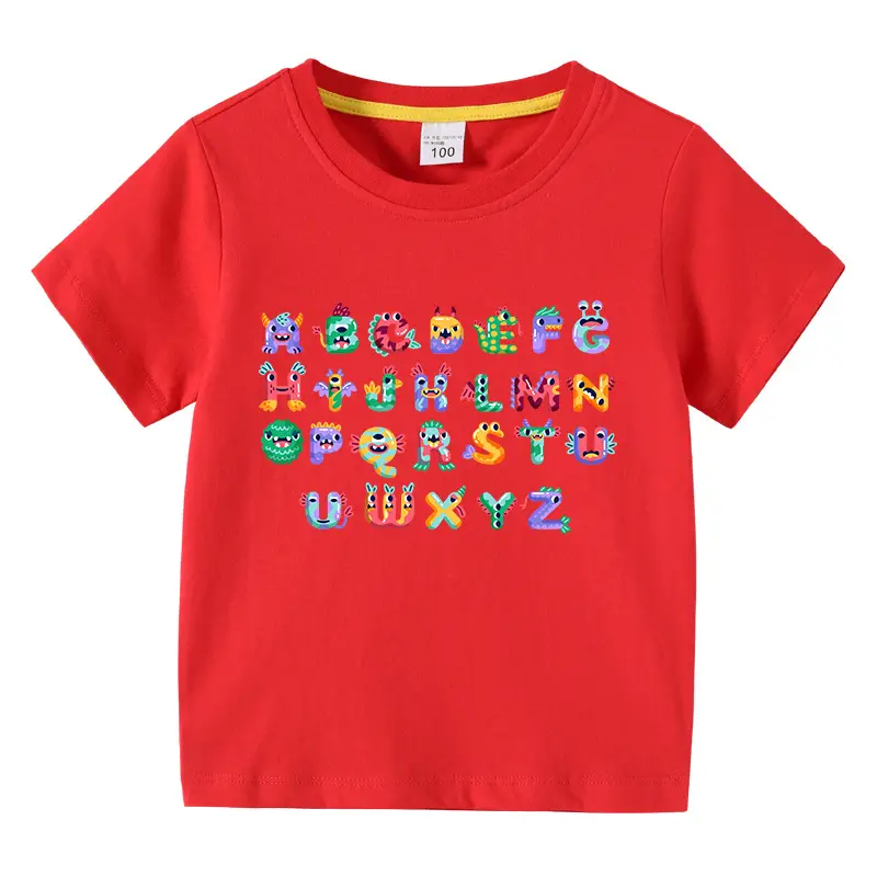 Kids Colorful Alphabet T-Shirt Navy Blue Short Sleeve Cotton - Image 4