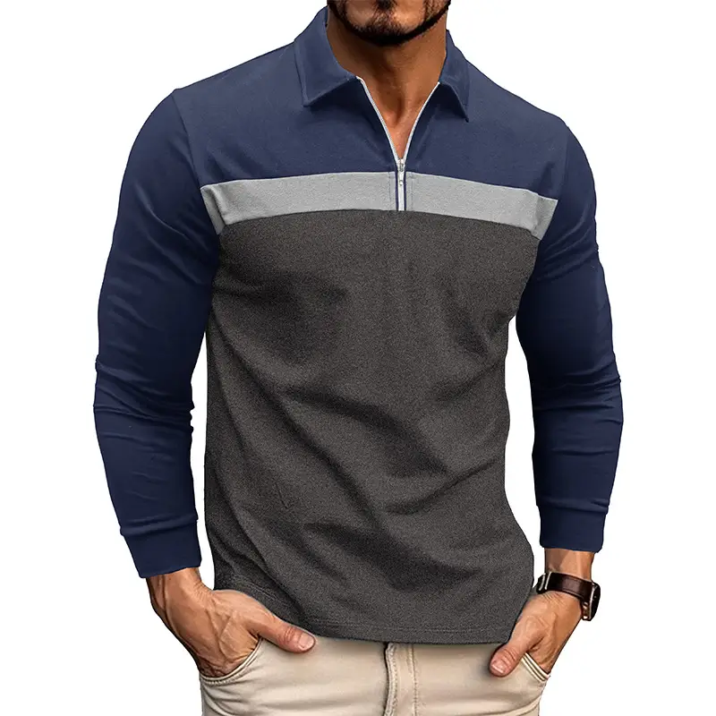 Polo Shirt Navy Grey Stripe Long Sleeve Men - Image 6