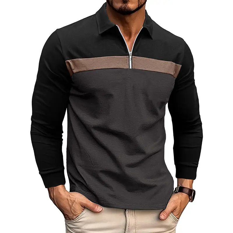 Polo Shirt Navy Grey Stripe Long Sleeve Men - Image 2