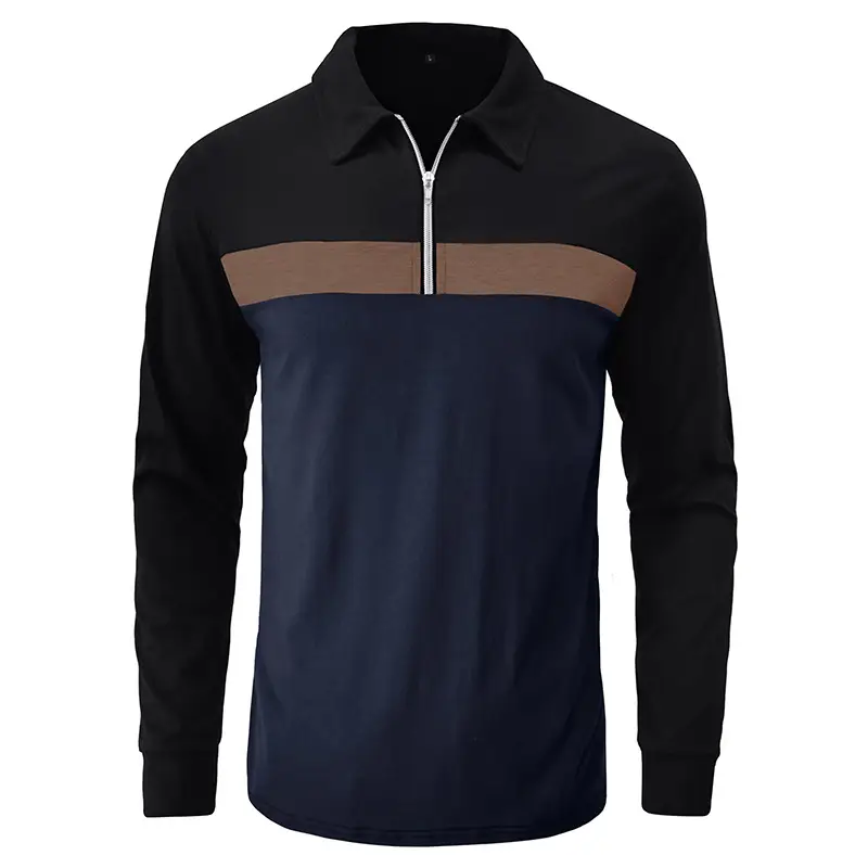 Polo Shirt Navy Grey Stripe Long Sleeve Men — feature 3