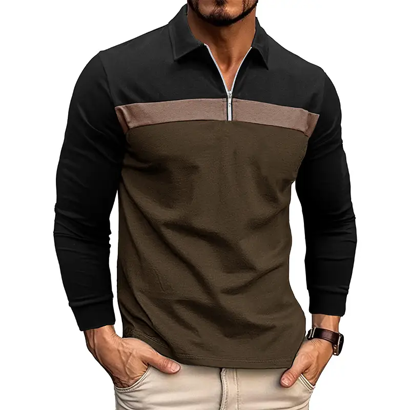 Polo Shirt Navy Grey Stripe Long Sleeve Men - Image 3